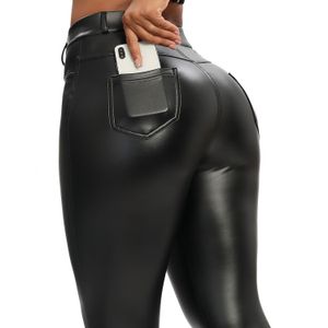 Leggings Femininas Leggings de Couro Preto de Inverno Femininas Legging Push Up Cintura Alta Bolsos Calças PU Calças de Veludo Finas Leggings Sensuais Elásticas 230720