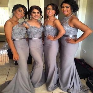 Silver Grey Mermaid Long Bridesmaid Dresses With Applique Lace Ribbon One-Shoulder Vestidos Lady Wear Wedding Formal Party Gowns 2267f