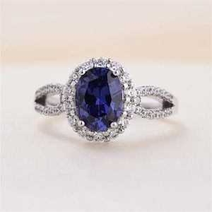 Cluster Rings S925 Silver Synthetic Sapphire Oval Ring Surrounded With Diamond Dan Shaped Flower Design High Grade Product Women's Rin