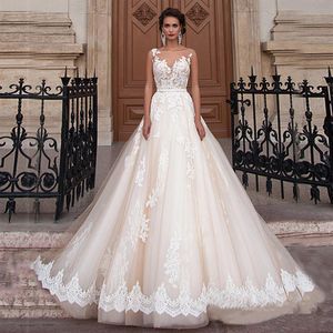 シアースクープネックラインシャンパンカラーボールガウンウェディングドレスアップリケレースバックブライダルドレスVestido Para Casamento2437