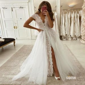 Unique Middle Slit Mermaid Wedding Dresses Gown with Train Deep V neck Short Sleeves Lace Ruched Bridal Gowns Plus size248S