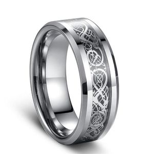 Siver Dragon Inlay Tungsten Carbide Ring Punk Style Fashion Jewelry Traditionell kultur Dragon Ring 8mm Wide S för par2577