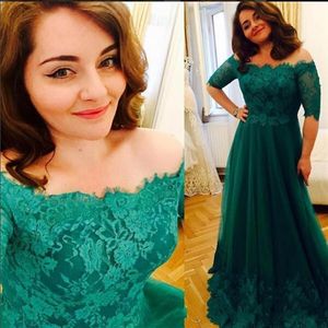 2017 verde A-line Plus Size Prom Dresses Off Spalla Appliques Pizzo tulle Mezze maniche lunghe Abiti da sera da sera314r