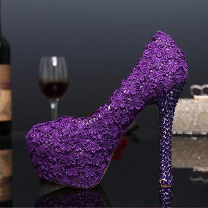 Purple Lace Flower Wedding Shoes Evening Party High Heels Women Genuine Leather Pumps Bridal Shoes Plus Size 43229Q