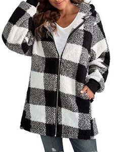 QNPQYX Herbst Winter Plaid Faux Pelzmantel Frauen Teddy Mantel Mit Kapuze Jacken Weibliche Pelzigen Teddybär Plüsch Jacke Mode Mäntel