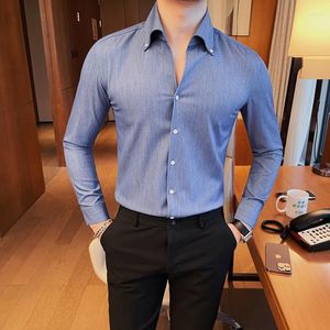 Camicie eleganti da uomo 2023 Camicia Arrivo Slim Tinta unita Business Casual Abiti da lavoro formali Manica lunga Blu