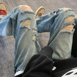 Mäns jeans ljus färg rippade mode och kvinnors sommar tunna stil hög midja lös rak display bred ben mopping byxor