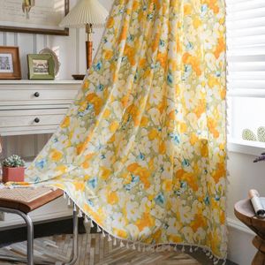 Cortina Rural Floral Amarelo Estampado Tecido Linho Algodão Semi-Blackout - Cozinha Sala Quarto