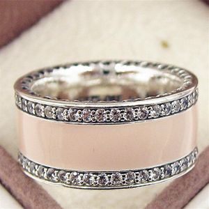 2017 Nya 100% 925 Sterling Silver European Pandora smycken hjärtan ringer med rosa emalj och CZ Fashion Charm Ring2005