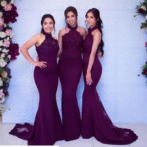 Vestidos de dama de honra roxo escuro Halter Longo 2020 Sereia Renda Frisado Formal Vestido de Noite Elegante Baile de Formatura Vestido de Convidado de Casamento Br251d