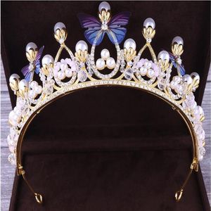 2020 Ny design billig bling bling set kronor fjärilspärlor kristall brud smycken tillbehör bröllop tiaras headpieces hår204j