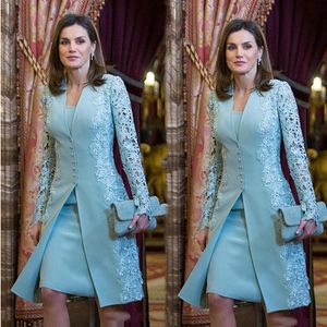 Elegant Sheath Mother Of The Bride Dresses Suits Two Piece Knee Length Light Blue Groom Mom Formal Wear Long Jacket Lace Full Slee226t