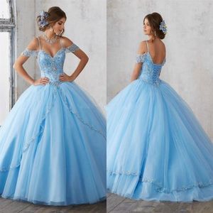 2019 г. Световое небо голубые платья Quinceanera Spaghetti Beaded Crystal Princess Prames для вечеринки для Sweet 16 Girls2665