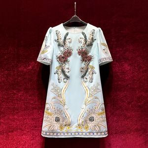 2023 Summer BlueFloral Print Dress Short Sleeve Round Neck Knee-Length Casual Dresses A3Q122304