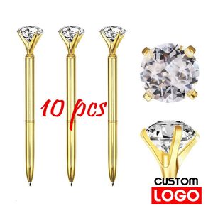 Ballpoint Pens 10pcs/batch of Large Crystal Diamond Metal Ballpoint Pen Custom Engraving Text Ring Wedding Office Gift Black Blue Ink 230721