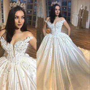 Splendido abito da ballo Abiti da sposa Appliques Perline Scollatura profonda Raso Plus Size Abito da sposa Count Train Stile country Brida250C