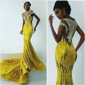 Bright Yellow Lace Mermaid Prom Dresses For Africa Women 2016 Applique Beads Evening Gowns Sweep Train Black Girl Party Dresses273a