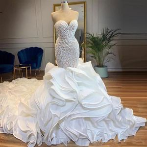 Cascading Ruffles Cathedral Train Mermaid Wedding Dresses 2022 Sweetheart Lace-up Corset Back Beaded Arabic Church Wedding gown2382