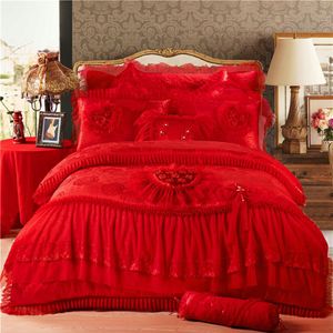4st Pink Heart-Shaped Luxury Bedding Set King Queen Wedding Bedclothes Bed Sheets Cotton Princess Lace Däcke Cover Set 357 R2287o
