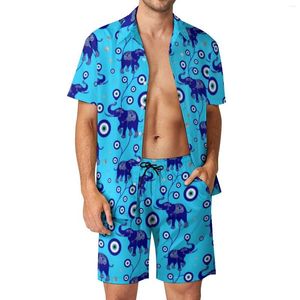 Men's Tracksuits Elephant Evil Eye Men Sets Blue Amulet Print Casual Shirt Set Funny Beach Shorts Summer Pattern Suit 2 Piece Clothes Big