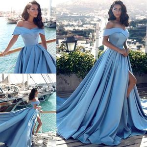 2017 우아한 밝은 파란색 어깨 전면 분할 이브닝 드레스 현대 아랍어 형식 파티 댄스 가운 2591