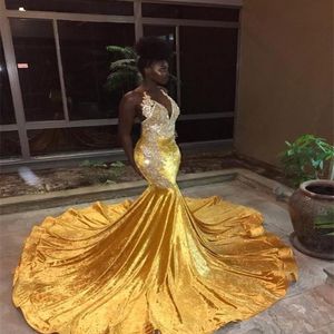 Yellow Black Girls Mermaid Evening Dresses Deep V Neck Halter Neck Velvet Lace Backless Special Occasion Dress formal dress evenin204j