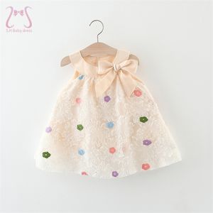 Vestidos de festa bege para meninas de verão, arco de flores, roupas infantis, princesa, estilo coreano, traje infantil para crianças de 0 a 3 anos