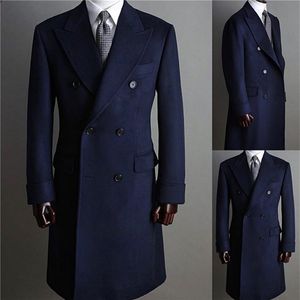 Formella marinmän kostymer tjock ull skräddarsydd dubbelbröst smokar toppade lapel blazer affär long coat265t