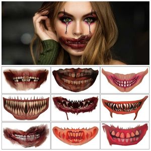 10 tipos de adesivo de tatuagem de maquiagem de boca assustadora, show de arte corporal, tatuagens temporárias à prova d'água para festa de Halloween, produto de maquiagem descartável