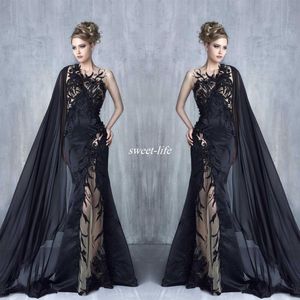 2020 Tony Chaaya Mermaid Evening Dresses Sexy Black Lace Appliques Prom Gowns with Cape Illusion Tulle Beaded Applique Celebrity F236c