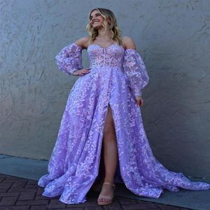 Sweetheart Lilac Long Evening Party Dress broderad fjäril 2022 Robe de Soiree avtagbara ärmar Lavendelklänningar Lady 325V