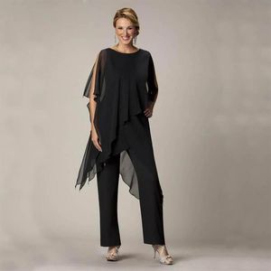 Lady Mom Casual Summer Wear for Women Black Mother of the Bride Pant Suits Ladies Chiffon Wedding Party Evening Set284T