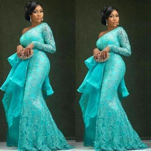 Aso Ebi Plus Size Türkis Abendkleider Schößchen One Shoulder Meerjungfrau Spitze Ballkleider African Dubai Party Gowns2571