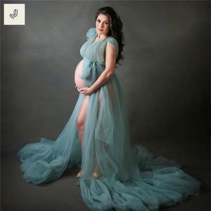 Pograph Babyhower를위한 섹시한 파란 출산 드레스 라인 V 목 결혼식 아침 신부 가운 출입물 임신 드레스 228s