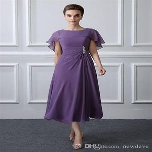 Purple Tea Length Mother Of The Bride Dresses With Wraps Elegant A Line Chiffon Madre De Los Vestidos De Mother's Gowns Eveni2206