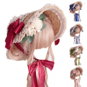 Wide Brim Hats Elegant French Hat Bonnet Lace Flower Ribbon Flat Top Sunscreen Straw Accessories For Birthday Gifts