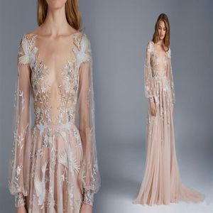 Paolo Sebastian Prom Dresses Sexy See Through Long Sleeves A Line Tulle Flower Bird Appliques Formal Dress Celebrity Dress For Red2996