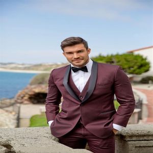 High Quality One Button Burgundy Groom Tuxedos Shawl Lapel Groomsmen Man Suits Mens Wedding Suits Jacket Pants Vest Tie NO223H