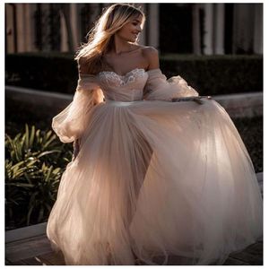 LORIE Light Pink Princess Wedding Dress Sweetheart Appliqued Puff Sleeves Bride Dress A-Line Tulle Backless Boho Wedding Gown280H