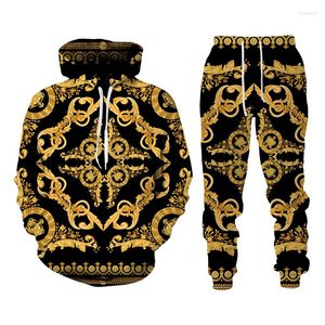 Herrspårar Golden Lion Mönster Tracksuit Fashion Hooded Sports slitage Outfits Barock Style Hoodie/Pants/Suit Male Thin Two Pieces Set