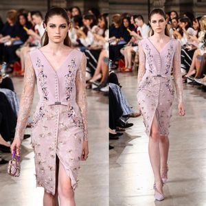 Georges Hobeika 2017 스플릿 이브닝 드레스는 깊은 V 목 무릎 길이 레이스 아플리케 파티 가운 크리스탈 긴 소매 레드 카펫 D286C