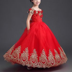 Luxuriöses Ballkleid mit goldenen Applikationen, schulterfrei, rot, lange Mädchen-Festzug-Kleider, Kinder-Abschlussball-Party-Kleider, Blumenmädchen-Kleider YTZ1043317