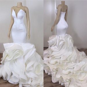 Luxury Mermaid Wedding Dresses Sexy Backless Sweetheart Long Train Bridal Wedding Gowns With Cascading Ruffles Organza Skirt270p