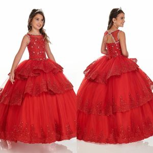 Röd tre lager bollklänning ruffle mini quinceanera klänningar tävling flickor spetspärlor snörning juvel blomma flicka klänning parti graduati223h