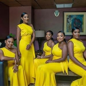 Yellow Mermaid Bridesmaid Dresses One Shoulder Floor Length Satin Maid Of Honor Dress Wedding Guest Gowns2839