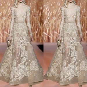 Elie Saab 2018 댄스 파티 드레스 샴페인 깎아 지른 바다 저 롱 슬리브 공식적인 드레스 이브닝웨어 환상 플루 -길이 파티 가운 S260m