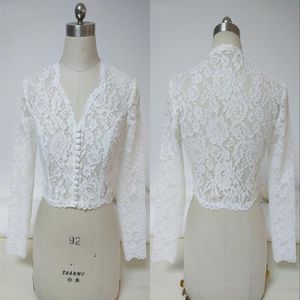2022 Sexy V neck Wedding Bridal Jackets Bolero with Button Lace 3 4 Long Sleeves Wrap For Wedding Dress Gowns Plus size327W
