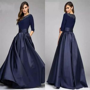 Vintage Navy A Line Mother of the Bride Groom Dresses With Half Sleeves Beaded Long Evening Formal Gowns Custom Made Mother's296Q