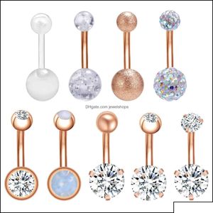 Navel Bell Button Rings 8/9Pcs/Lot Ring Set Crystal Double Ball Piercing For Women Rose Gold Stainless Steel Belly Drop Delivery 2 Dhsnh