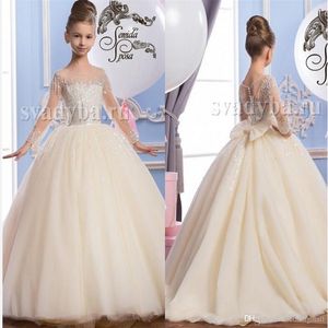 2016 Sheer Neck Beaded Tulle Luxurious Arabic Flower Girl Dresses Vintage Child Pageant Dresses Beautiful Flower Girl Wedding Dres256v